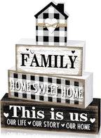 Cinnvoice 4 Pcs Farmhouse Tabletop Decor Rustic Family Blessed Home Table Centerpiece This Is Us Sign for Kitchen Shelf Desk Fireplace Mantel Tiered Tray Decor(Buffalo Plaid Family)