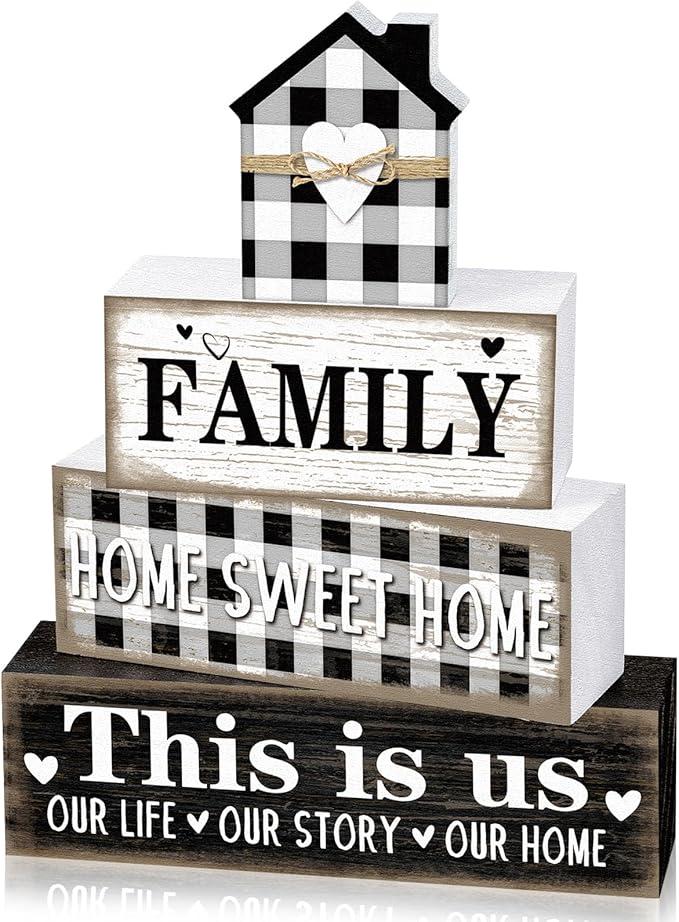 Cinnvoice 4 Pcs Farmhouse Tabletop Decor Rustic Family Blessed Home Table Centerpiece This Is Us Sign for Kitchen Shelf Desk Fireplace Mantel Tiered Tray Decor(Buffalo Plaid Family)