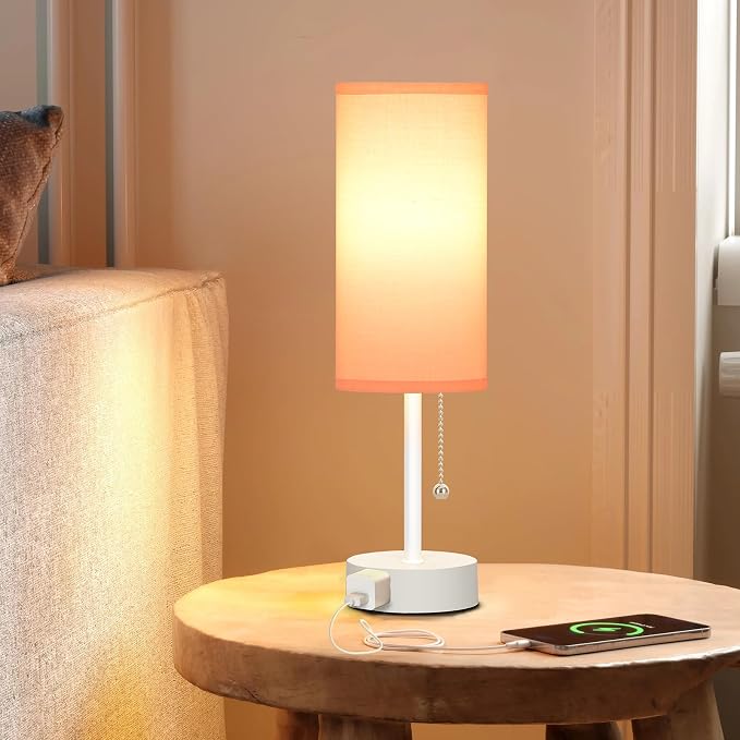Dott Arts Table Lamp for Bedroom, 3-Color Bedside Lamps with Pull Chain, Bedroom Table Lamps for Nightstand,AC Outlet Small Lamp for Living Room, Bulb Included Pink