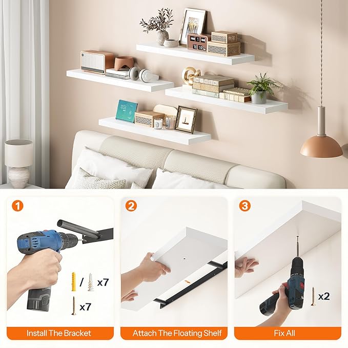 HOOBRO Floating Shelves for Wall, Wall Mounted Shelf Set of 2, 31.5" Hanging Shelf with Invisible Brackets, for Wall Decor Storage in Bathroom Bedroom Kitchen Living Room Office, White WT80BJP201