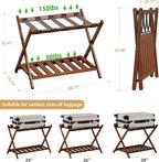 Full Assembled Luggage Rack Set of 2, Bamboo Luggage Holder Rack for Guest Room, 26.77" L Folding Suitcase Stand with 5 Nylon Straps & Storage Shelf for Bedroom Hotel (2 Pack - Brown)