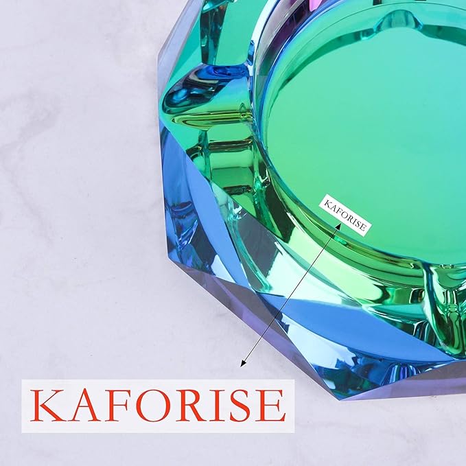 Kaforise Heavy K9 Crystal Ashtray for Cigarettes – Cool Color-Changing Glass Ash Tray for Outdoor Patio & Home Decor – Fancy Geometric Tabletop Accessories, Unique Luxury Gift for Men Smokers(03)