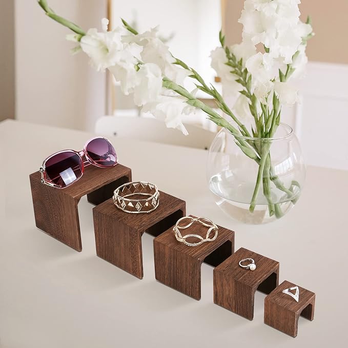 MOOCA 5-Piece Wooden Jewelry Display Risers - Multi-Function Retail Stands for Rings, Watches, Necklaces, Bracelets, and More - Various Heights, Brown Color