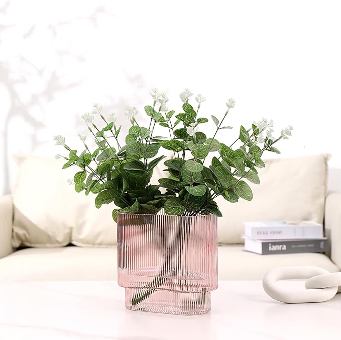 Ribbed Glass Vase, Pink Glass Vase, Fluted Short Vases for Flowers, Modern Vases for Living Room, Dining Room, Bathroom, Desk, Shelf, Wedding, Office, 7 Inches