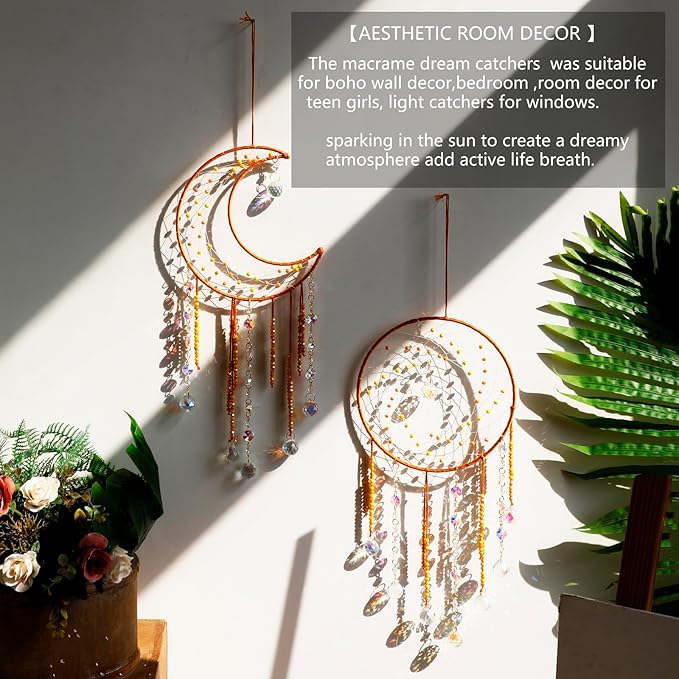 Artilady Dream Catchers with Crystals - Large Boho Yellow Moon Dream Catcher Wall Decor House Decorations for Home Girls Kids Baby Bedroom Room Decor Christmas Birthday Teen Girl Boys Gifts