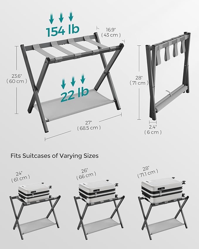 SONGMICS Luggage Racks for Guest Room, Set of 2, Suitcase Stand with Storage Shelf, Steel Frame, Foldable for Easy Storage, Hotel, Bedroom, Slate Gray URLR003G02