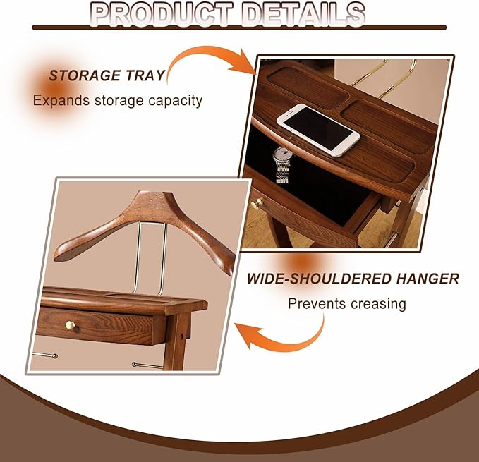 Wooden Suit Valet Stand for Men, Clothes Valet with Drawer, Shoe Rack, Tie Rack and Trouser Bar, Freestanding Clothes Organizer for Bedroom Entryway