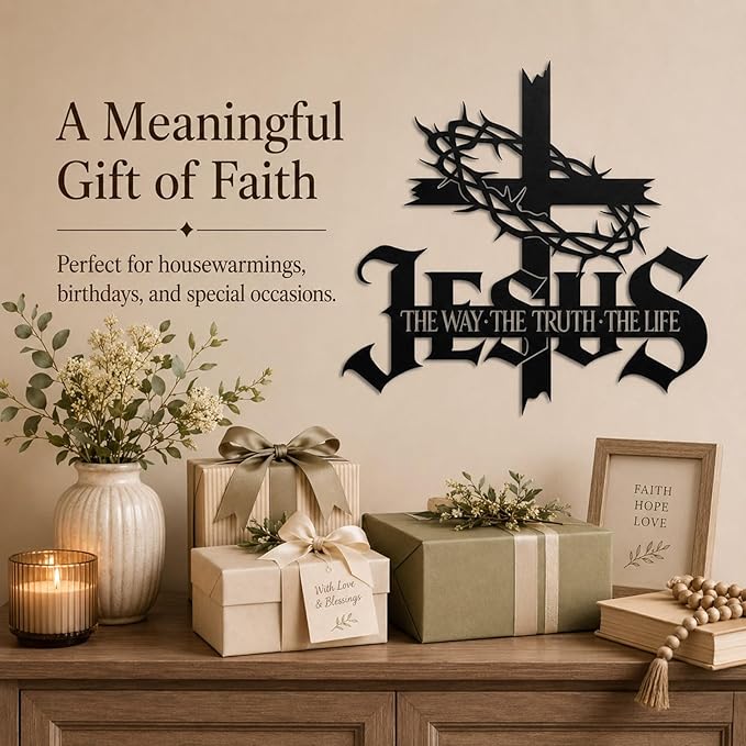 Jesus Wall Art Cross Wall Decor with Crown of Thorns - Metal Christian Wall Art "The Way The Truth The Life" Sign, Black Iron Religious Wall Art & Christian Wall Decor for Home Living Room Church(15.7"L x 15.2"W)
