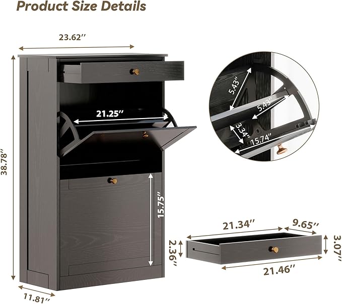 Shoe Storage Cabinet with 2 Flip Doors Set of 2, Wooden Narrow Shoe Cabinet Organizer with Drawer, Freestanding Hidden Shoe Rack with Adjustable Shelf for entryway, Hallway, Living Room, Black