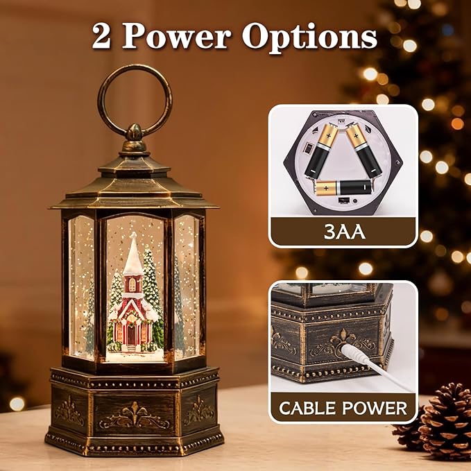 Christmas Snow Globes, 9.37" Church Glitter Water Lantern with Song, 6H Timer Battery & USB Powered Music Box for Christmas Decorations Indoor