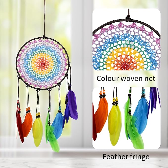 Dream Catcher Wall Decor Kit with Feathers and Beads Pendant, Handwoven for Bedroom Living Room Decoration (Rainbow)