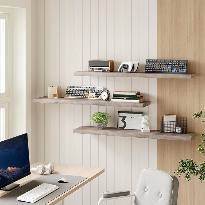 RALGEND Floating Shelves for Wall, 47.2" Large Grey Wall Shelf Set of 3 with Invisible Brackets, 1.5" Thick Hanging Book Shelves Farmhouse Decor for Bathroom, Living Room, Bedroom, Greige 12301BJP3BG