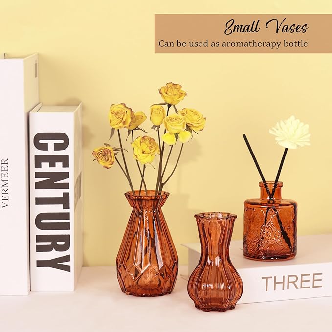 36Pcs Bud Vases Set Small Vintage Glass Bottles Bud Vases in Bulk Multiple Shape Cute Glass Vases for Rustic Wedding Centerpieces Table Decorations and Home Decor (Dark Amber)