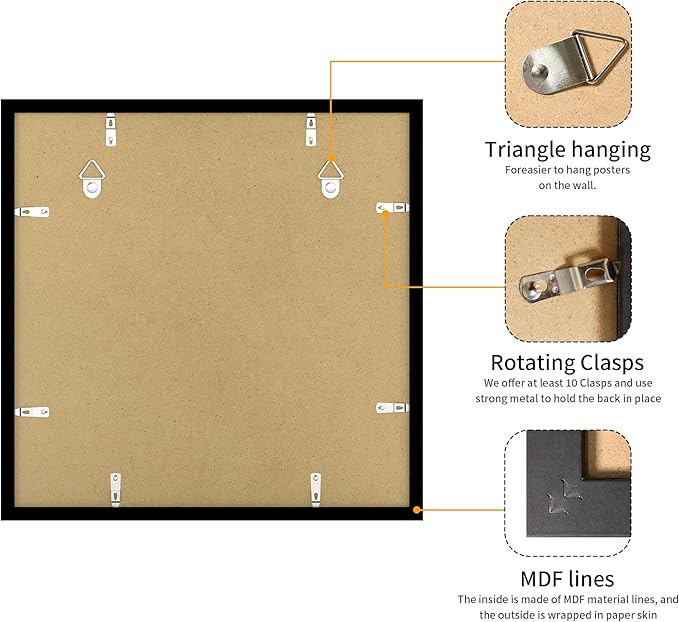 20x20 Picture Frame 3 Pack - Black Poster Frame Display Pictures 16x16 with Mat or 20 x 20 Without Mat for Wall Hanging Horizontal and Vertical