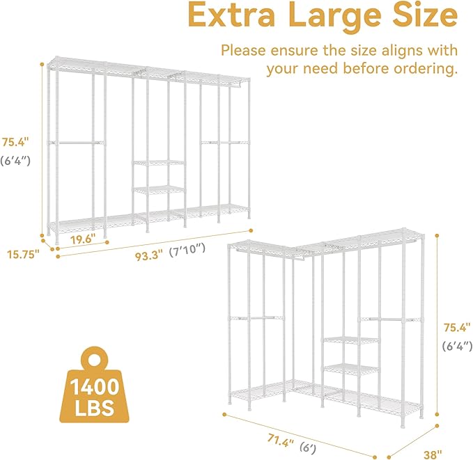 H5 Extra Large Heavy Duty Clothes Rack, Wire Garment Rack, Freestanding Clothing Rack for Hanging Clothes, Wardrobe Closet with Adjustable Shelf, 93.3" Wx15.7 Dx75.4 H, White, Load 1400 lbs