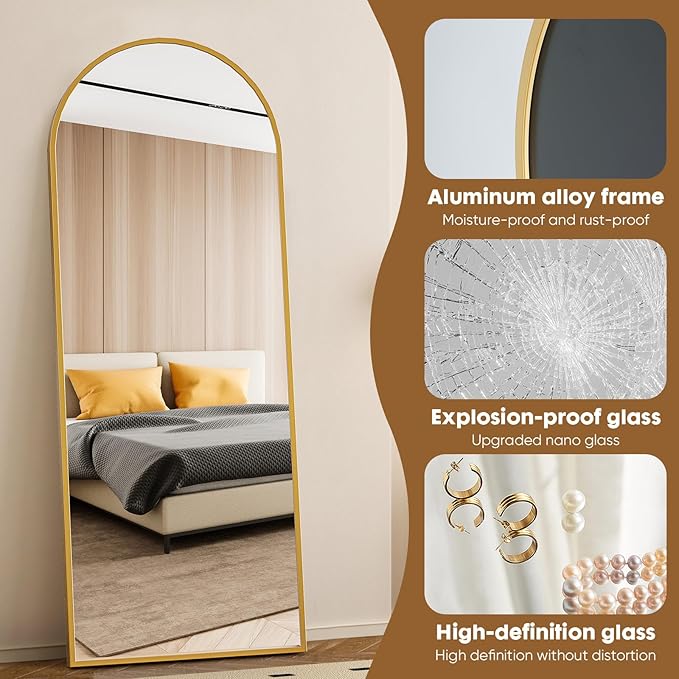 DUMOS 70.4"x25.6" Arched Full Length Mirror with Stand, Floor Body Mirror Shatter-proorf Nano Glass with Aluminum Frame, Free Standing or Hanging Leaning Modern Simple Home Decor, Gold