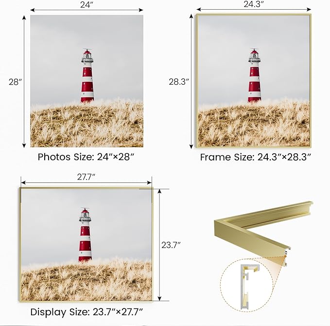 24x28 Aluminum Metal Picture Frame,Tempered Glass Gold Photo Frame 24x28 for Family Photo,Posters,Art,Document to Wall Mount Horizontally or Vertically