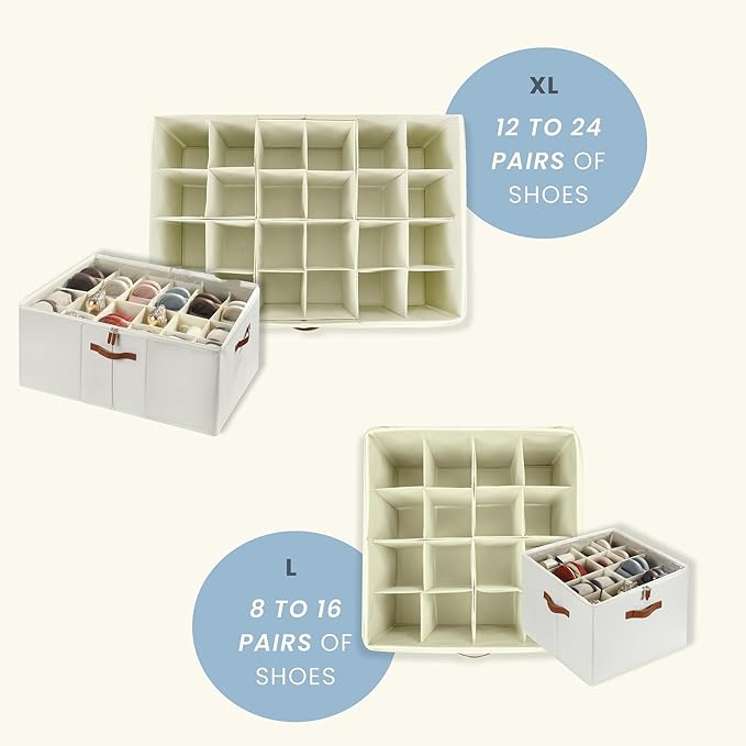OrganiHaus Large Shoe Storage Bin for Closet, Shoe Organizer Box Fits up to 16 Pairs, Collapsible Fabric Shoe Basket w/Clear Cover, Adjustable Dividers & Reinforced Handles, Off-White