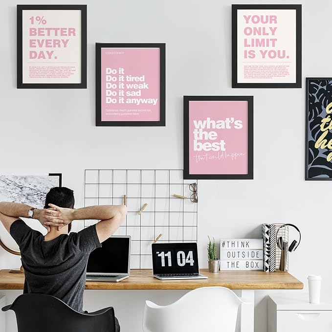 DSHFG Motivational Inspirational Office Wall Art Decor Prints Set of 4, Black Motivational Wall Decor Trendy Retro Posters for Office Home Decor, 12x16 Unframed (Pink)
