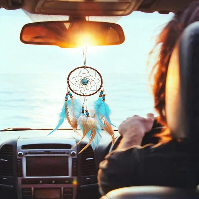 Dream Catchers for Cars Rear View Mirror, Small Feather Dream Catcher Wall Hanging Car Deco Car Charm Ornament (1.1 Blue)