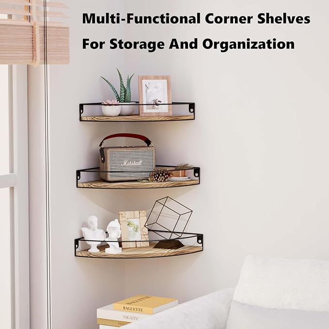 Corner Shelf Wall Mounted, Set of 3 Corner Floating Shelves with Cord Hole and Guardrail for Cable Box, Baby Monitor Pet Cameras, Speaker, Nursery Kitchen Living Room Bathroom, Rustic Brown