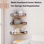 Corner Shelf Wall Mounted, Set of 3 Corner Floating Shelves with Cord Hole and Guardrail for Cable Box, Baby Monitor Pet Cameras, Speaker, Nursery Kitchen Living Room Bathroom, Rustic Brown