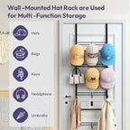 SWTYMIKI Over Door Hat Organizer - 4 Tier Metal Adjustable Wall Mounted Hat Rack with 12 Hooks Design, Hanging Baseball Cap Organizer Storage Holds up to 36 Caps for Door, Bedroom, Closet