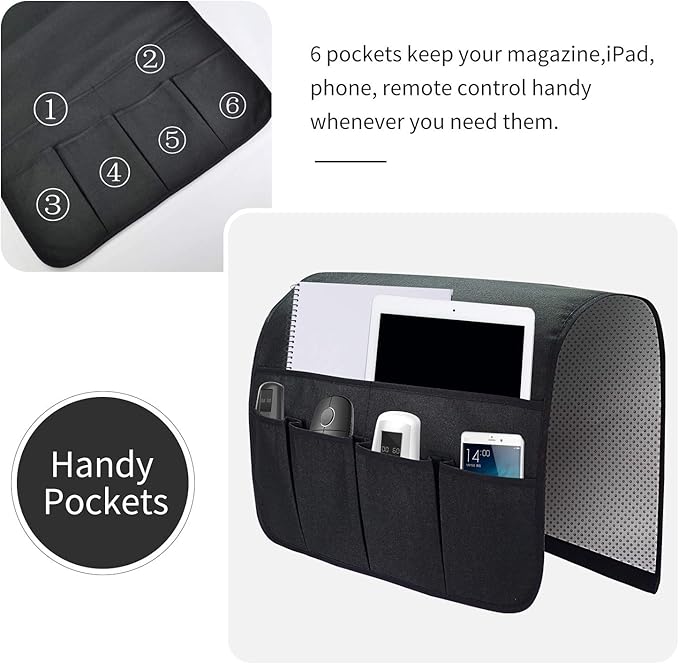 Sofa Armrest Organizer, Remote Control Holder for Recliner Couch, Arm Chair Caddy with 6 Pockets for Magazine, Tablet, Phone, iPad