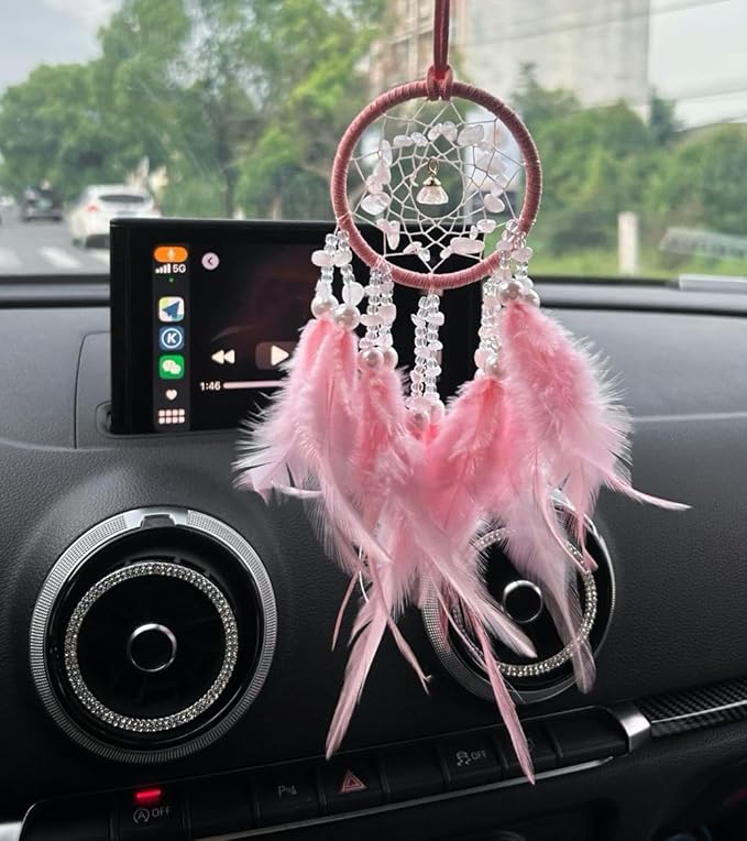 Dream Catchers for Cars,Boho car Decor,Small Feather Dream Catcher Hanging Car Deco Accessories for Women (Pink)