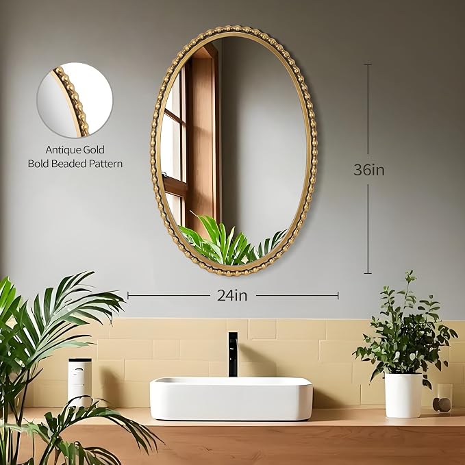 24x36 Inch Oval Wall Mirror with Antique Gold Beaded Frame, Vertical or Horizontal Hanging Vanity Mirror for Bathroom, Powder Room or Bedroom, Decorative Oval Mirror Wall Decor