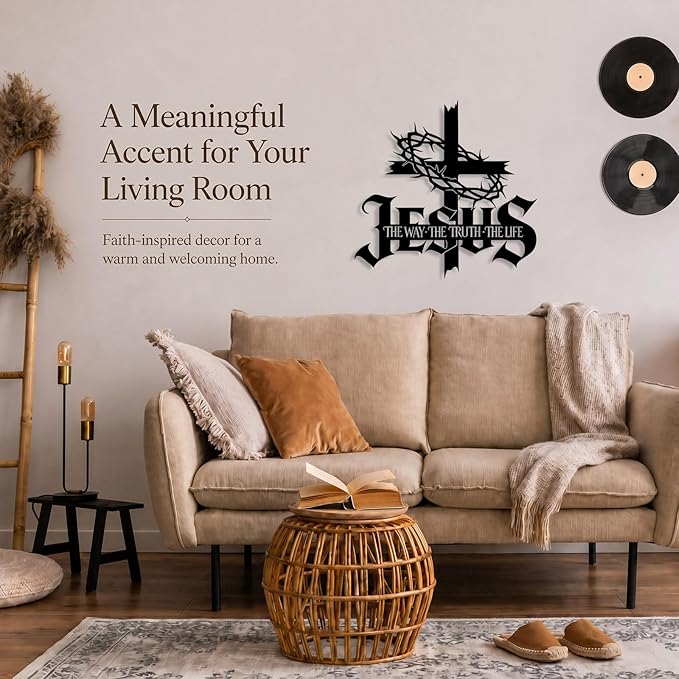 Jesus Wall Art Cross Wall Decor with Crown of Thorns - Metal Christian Wall Art "The Way The Truth The Life" Sign, Black Iron Religious Wall Art & Christian Wall Decor for Home Living Room Church