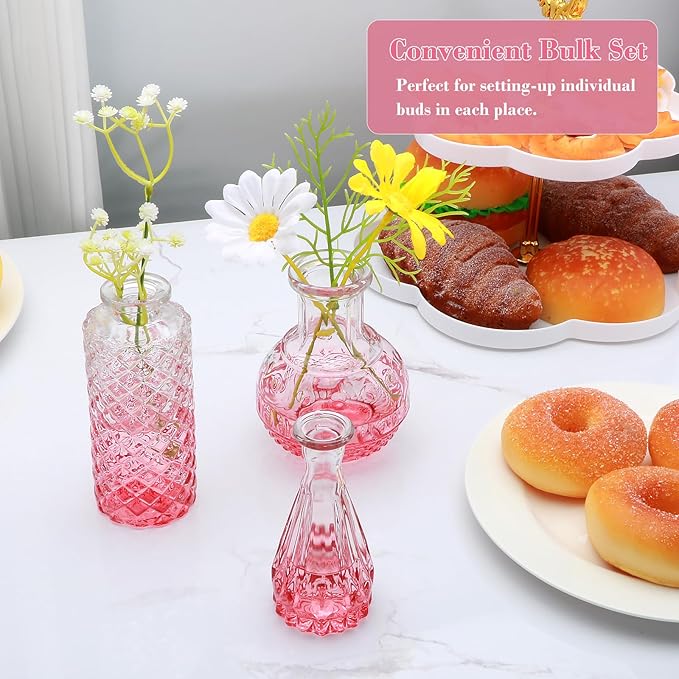 Brajttt Bud Vase Set of 25, Pink Glass Vases for Mini Flowers, Cute Vintage Set for Wedding, Home, Centerpieces
