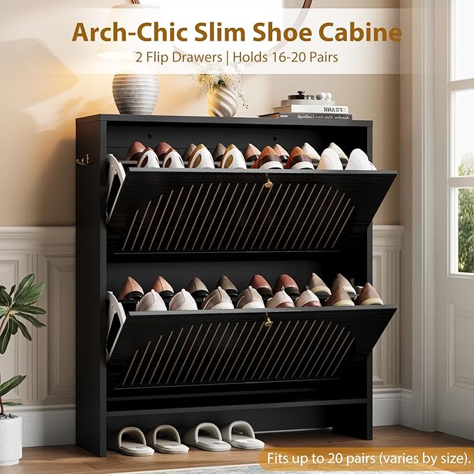 Nicetree Arch-Chic Shoe Cabinet for Entryway, Modern Mid-Century Shoe Storage Cabinet with Fluted, Narrow Shoe Rack with Adjustable Shelves & Tipping Protection, Fits Size 12 Shoes,Black