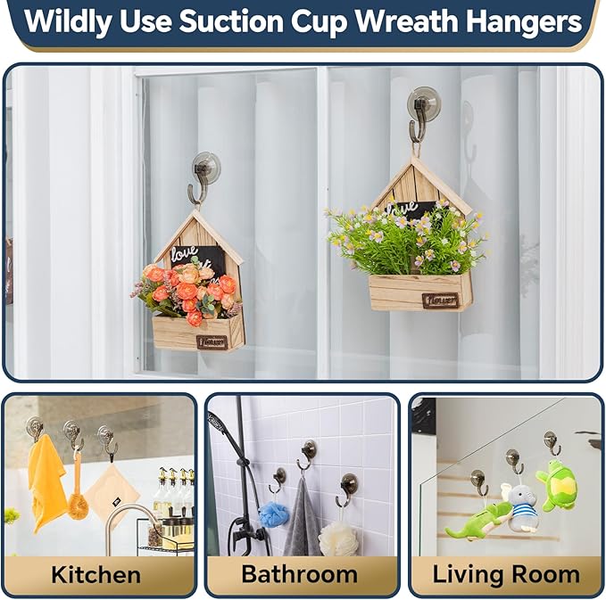 Amuille Wreath Hangers, 2 Pack Large Suction Cup Wreath Hooks, Removable Suction Cup Hanger for Front Door, Glass Window, Shower, Kitchen, Holds up to 18 lbs