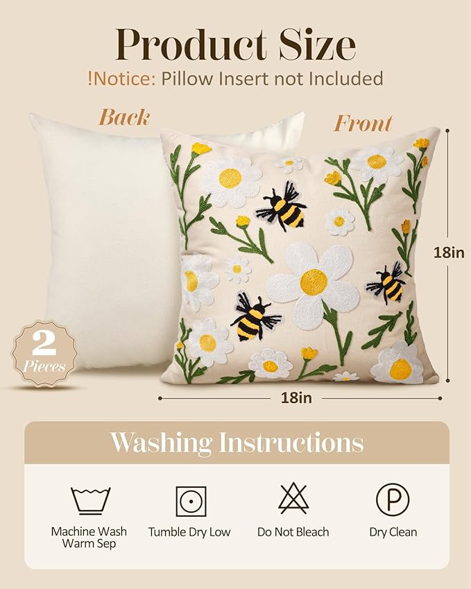 Embroidered Throw Pillow Covers 18x18 Inch - Set of 2 Summer Spring Boho Decorative Pillow Covers with Zipper for Living Room Couch Sofa Bed Aesthetic Design Flower Bee Cushion Pillowcases