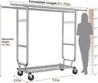 Raybee Clothes Rack Load 630LBS, Heavy Duty Clothes Rack, Rolling Clothing Racks for Hanging Clothes with Wheels, Adjustable & Commercial Garment Rack, 22" D x 75" W x 68" H