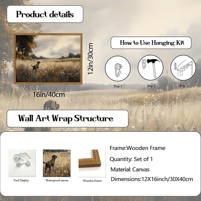 Framed Vintage Hunting Black Dog Wall Art, Rustic Country Landscape Pictures Wall Decor, Farmhouse Animal Paintings Canvas Prints for Home Living Room Bedroom 12x16 inch