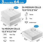 Classical Leather Sock Underwear Drawer Organizer clothes, Closet Dividers，64 Cell (16+24+24) Foldable Leather Storage Box for Panties, Ties, Accessories（3 Pack）