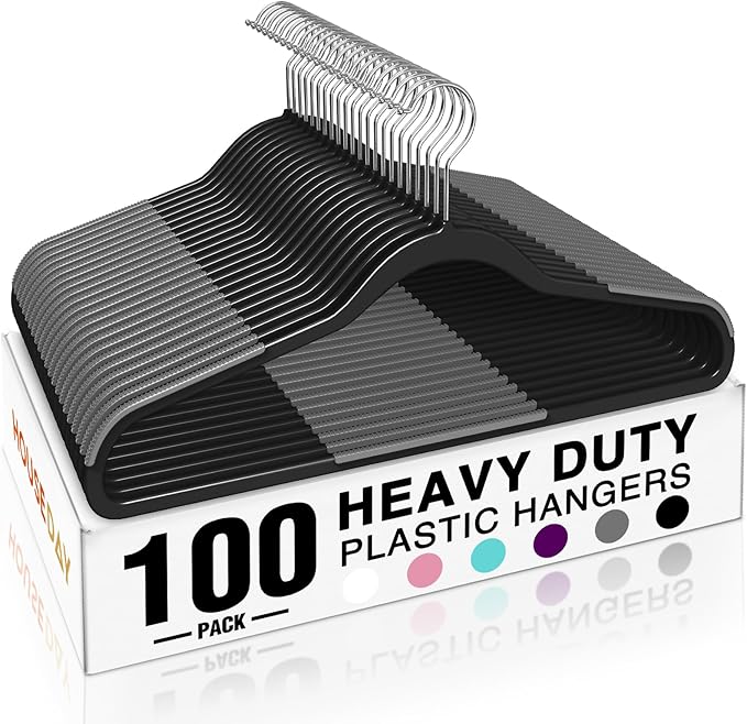 HOUSE DAY Heavy Duty Plastic Hangers 100 Pack, Clothes Hangers with Non-Slip Rubber Pads - 0.2 Inch Thin Space Saving Coat Hanger for Closet Organizer, 360° Swivel Hook for Shirts, Pants, Suit (Black)