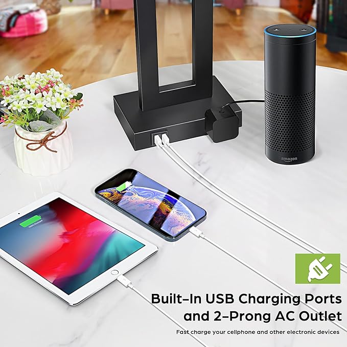 Set of 2 Touch Control Table Lamps with 2 USB Ports&AC Outlet, 3-Way Dimmable Modern Nightstand Lamp Sets, Bedside Black Lamps for Bedroom Living Room End Tables Reading, Bulbs Included, Black Shade