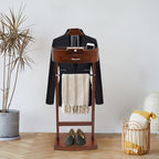 Wooden Valet Stand for Men, Suit Stand and Clothes Valet with Accessory Tray, Trouser Bar, and Shoe Base, Mens Valet Stand for Bedroom and Closet Organization, Brown