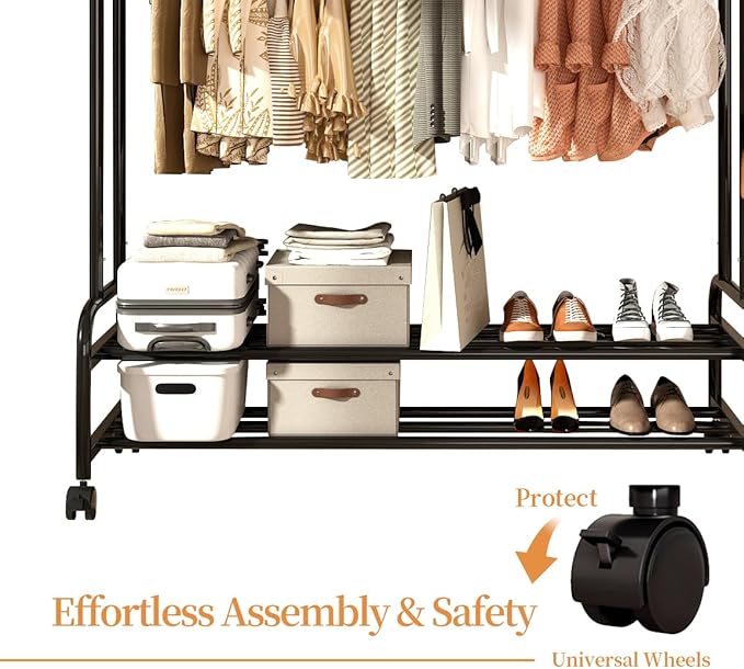 Antiwar Sturdy Metal Double Rodding Clothes Rack With Wheels, Portable Clothing Rack With Shelves & Hooks, Heavy Duty Garment Racks for Hanging Clothes, Multi-Functional Closet Rack for Bedroom, Black