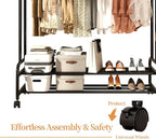 Antiwar Sturdy Metal Double Rodding Clothes Rack With Wheels, Portable Clothing Rack With Shelves & Hooks, Heavy Duty Garment Racks for Hanging Clothes, Multi-Functional Closet Rack for Bedroom, Black