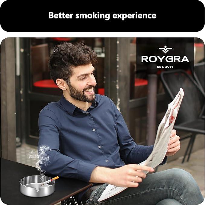 roygra Ash Tray (2 Pack), Outdoor Ashtray for Outside Patio, Stainless Steel Ashtrays for Cigarettes with 3 Holder, Smoking Accessories, Home Décor, Ashtrays for Smokers Indoor - Silver, Large