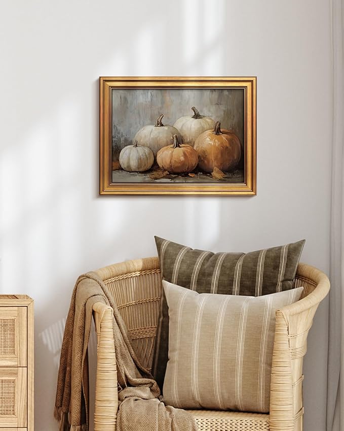 VIYYIEA Vintage Gold Framed Wall Art for Living Room, Pumpkins Canvas Prints Home Decor, Oil Painting Picture, Bedroom Wall Decor Gifts for Friends or Family -【Five Pumpkins 】-(16L x 12W)