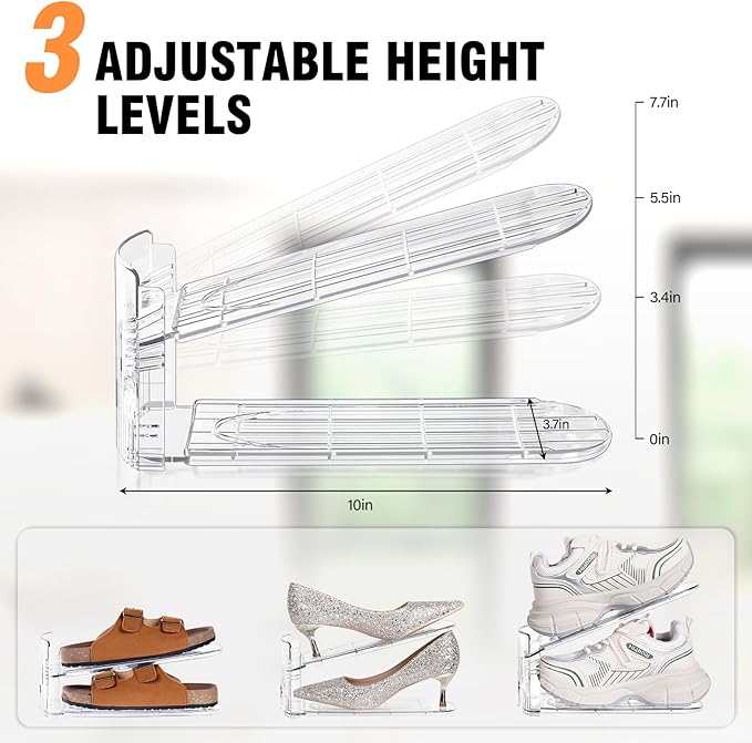 TOPNEW Shoe Slots Organizer for Closet 12 Pack Adjustable Level Shoe Stacker Holder Organization Double Layer Storage Space Saving Shoe Rack Organizer for Closet (Transparent)