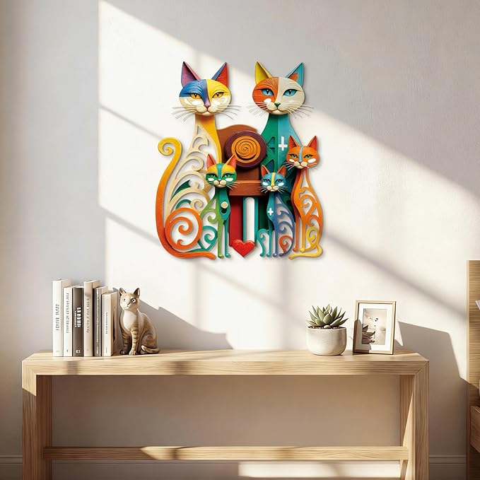 Wesiti Cat Wall Art Decor Iron Wall Sculptures Decor for Cats Lover 12.6 x 15.7 Inches Colorful Mid Century Cat Retro Signs for Home Living Room Bedroom Kitchen Office(Refined)