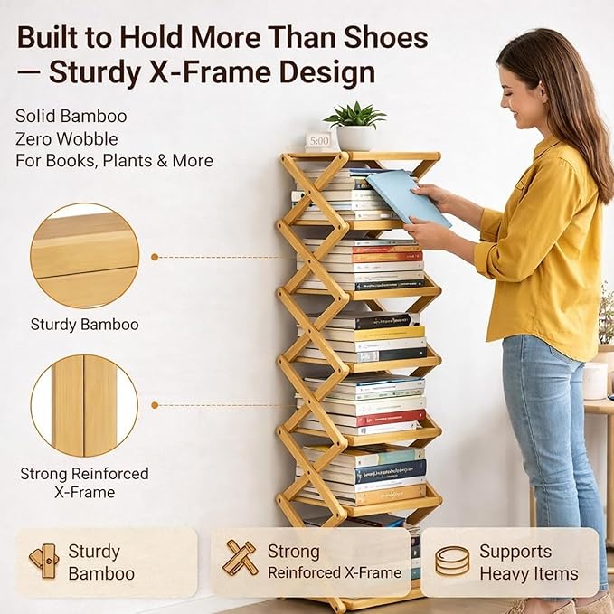 The 9-Tier No-Assembly Bamboo Rack, Folding Bamboo Shoe Rack Organizer with Collapsible Vertical Design, Space-Saving & No-Tool Assembly, for Entryways,Corners,Bedrooms,Balconies (Yellow,3)