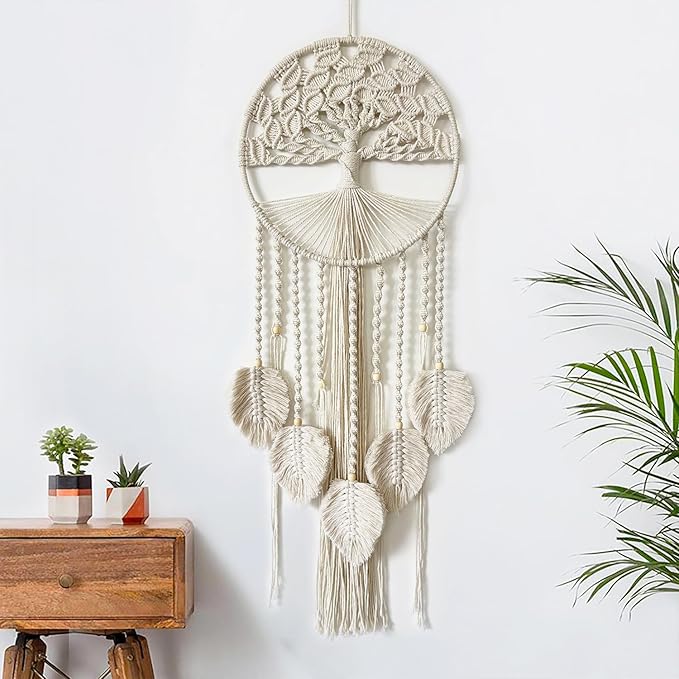Large Tree of Life Dream Catchers, Macrame Wall Hanging Boho Handmade Woven Dream Catcher Macrame Wall Decor Art for Adults Boys Girls Bedroom Wedding Party Decor, Festival Blessing Gift（Light Beige）