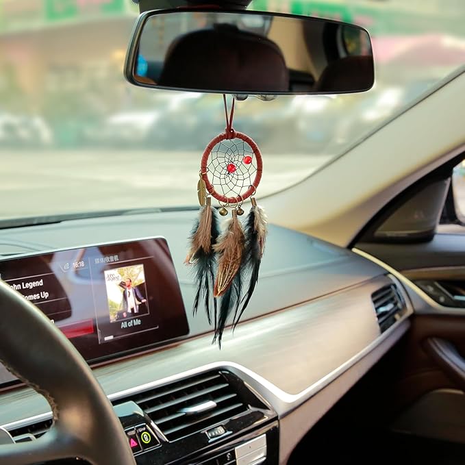 Dream Catcher for Car, Handmade Bohemian Style Rearview Mirror Hanging Decor with Feathers & Beads, Good Luck Charm for Safe Travel, Car Accessories for Women